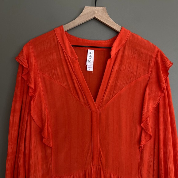 Anthropologie Amadi Rossi Dress Size Large Red Orange Ruffles Gauzy‎ Lightweight - Picture 6 of 16